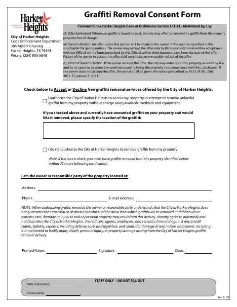 First page of the Graffiti Removal Consent Form