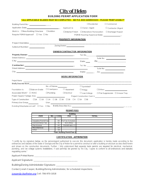 First page of the Building Permit Application
