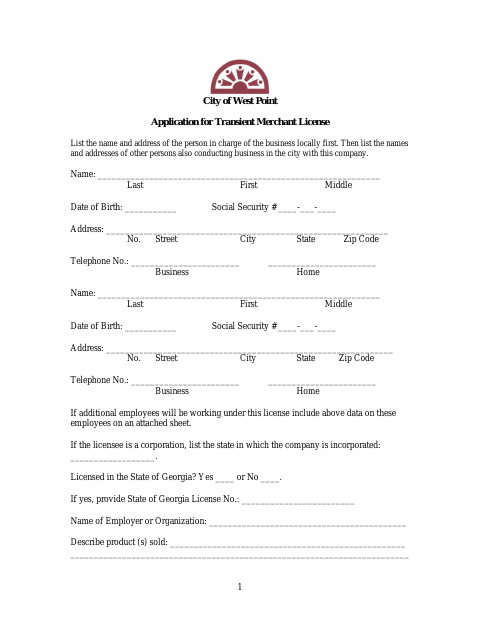 First page of the Application for Transient Merchant License
