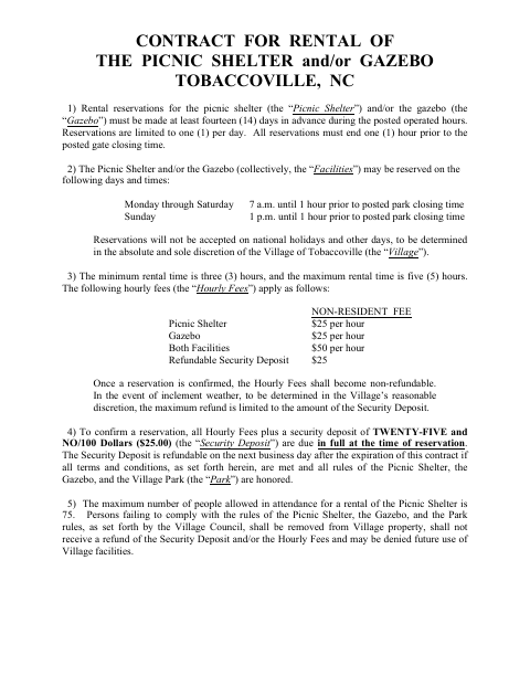 First page of the Picnic Shelter and Gazebo Rental Contract for Non-Residents