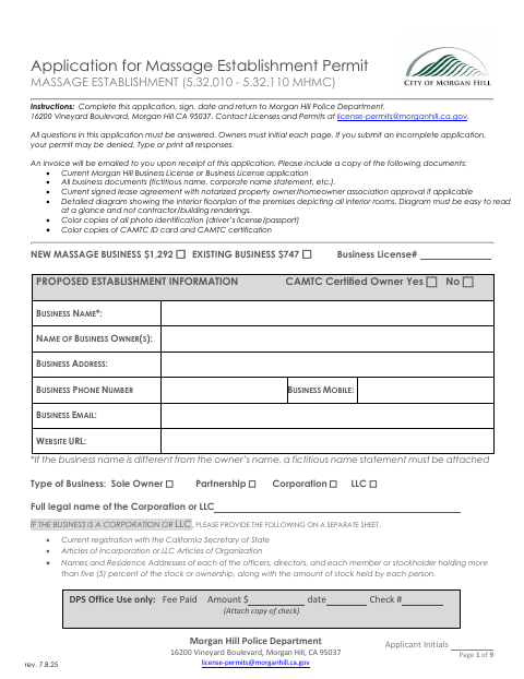 First page of the Application for Massage Establishment Permit