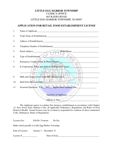 First page of the Application for Retail Food Establishment License