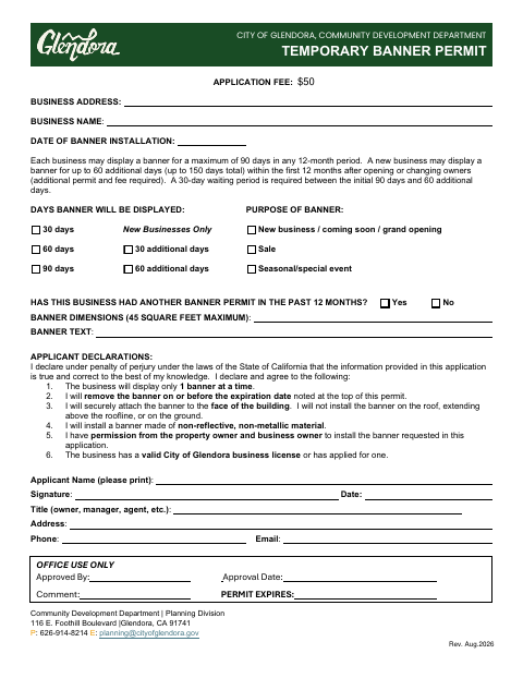 First page of the Temporary Banner Permit Application