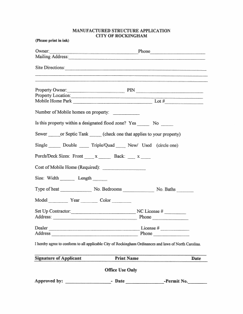 First page of the Manufactured Structure Application