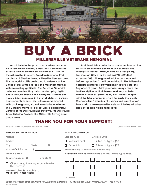 First page of the Veterans Brick Order Form