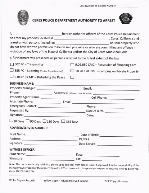First page of the Authority to Arrest Trespass Form