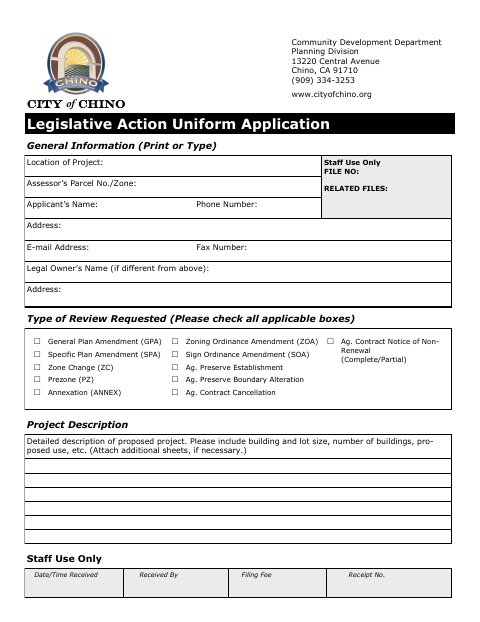 First page of the Legislative Action Uniform Application