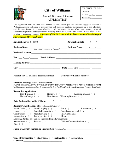 First page of the Business License Application