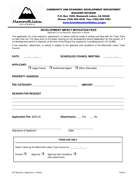 First page of the Development Impact Mitigation Fee Waiver or Reduction