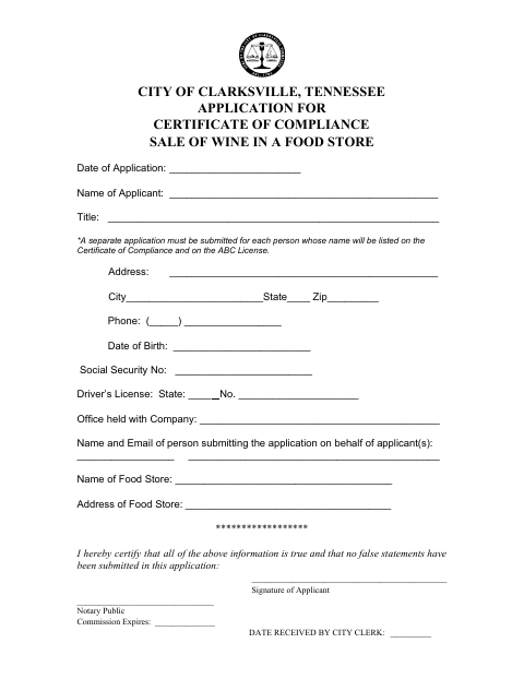 First page of the Wine Food Store Certificate of Compliance Application