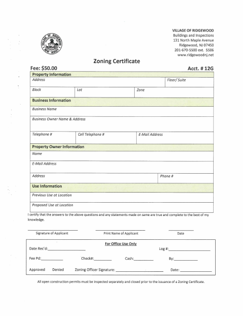 First page of the Zoning Certificate of Occupancy