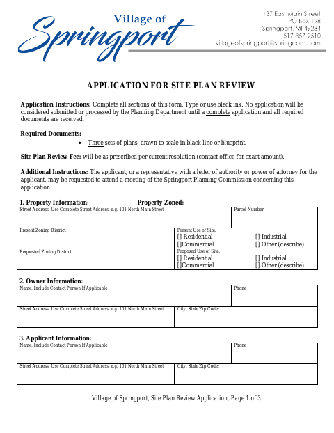 First page of the Application for Site Plan Review