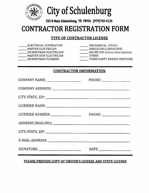 First page of the New Contractor Registration Form