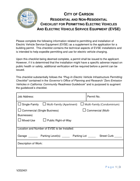 First page of the Residential and Non-Residential EVSE Permitting Checklist