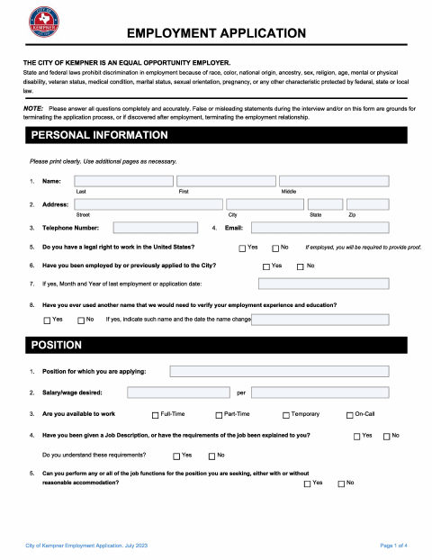 First page of the Employment Application
