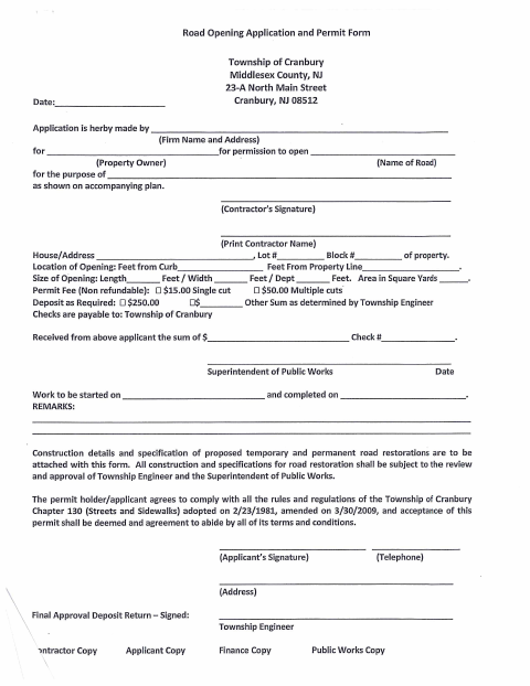 First page of the Road Opening Application and Permit Form