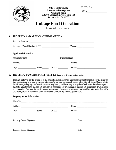 First page of the Cottage Food Operation Administrative Permit Application