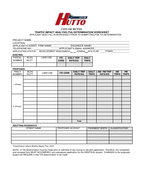 First page of the Traffic Impact Analysis (TIA) Determination Worksheet