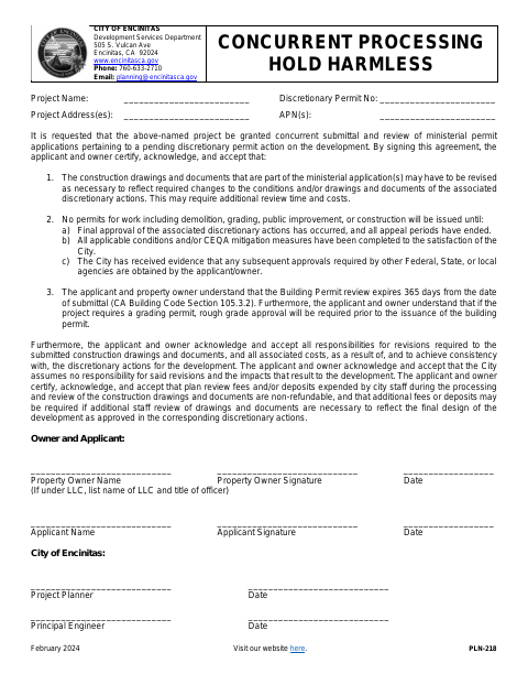 First page of the Concurrent Processing Hold Harmless