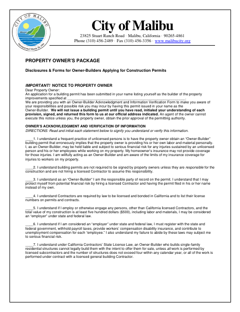 First page of the Owner-Builder Acknowledgment and Information Verification Form