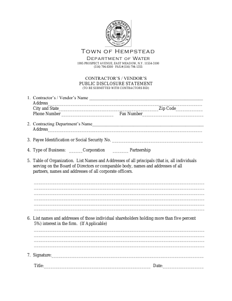 First page of the Contractor’s/Vendor’s Public Disclosure Statement