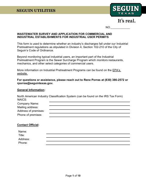 First page of the Wastewater Survey and Application for Commercial and Industrial Establishments for Industrial User Permits