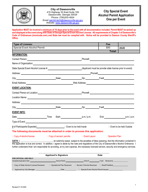 First page of the Special Event Alcohol Permit Application