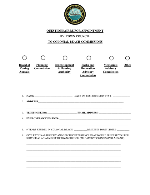 First page of the Board/Commission Application for Appointment
