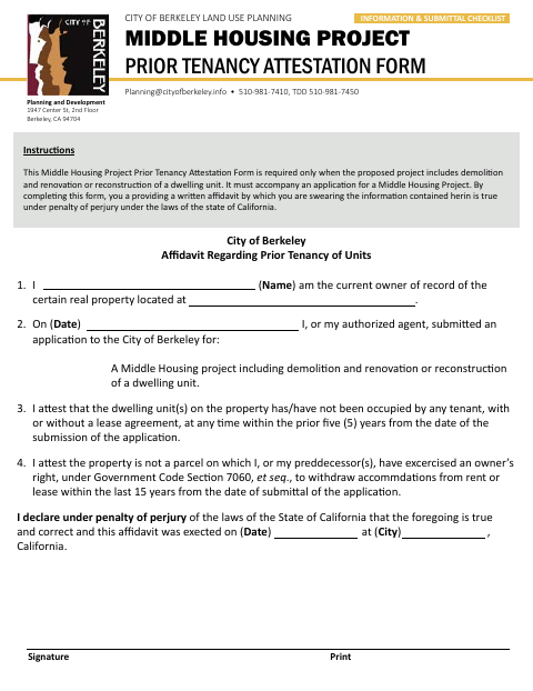 First page of the Middle Housing Project Prior Tenancy Attestation Form