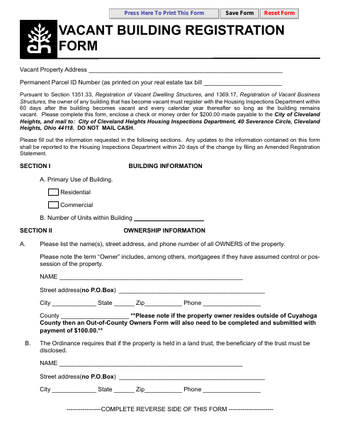 First page of the Vacant Building Registration Form