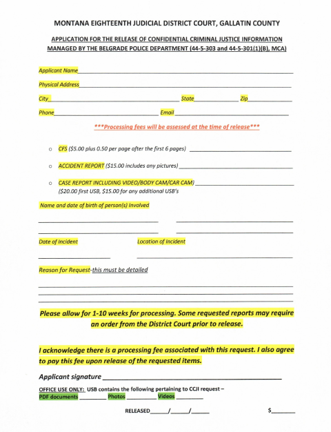 First page of the Confidential Criminal Justice Information Release Application