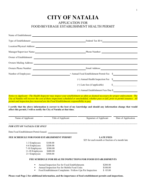 First page of the Food/Beverage Establishment Health Permit Application