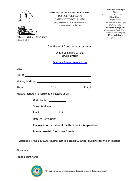 First page of the Certificate of Compliance Application