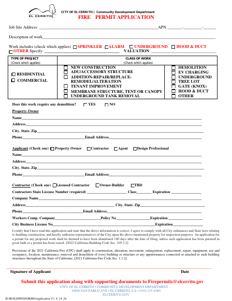 First page of the Fire Permit Application
