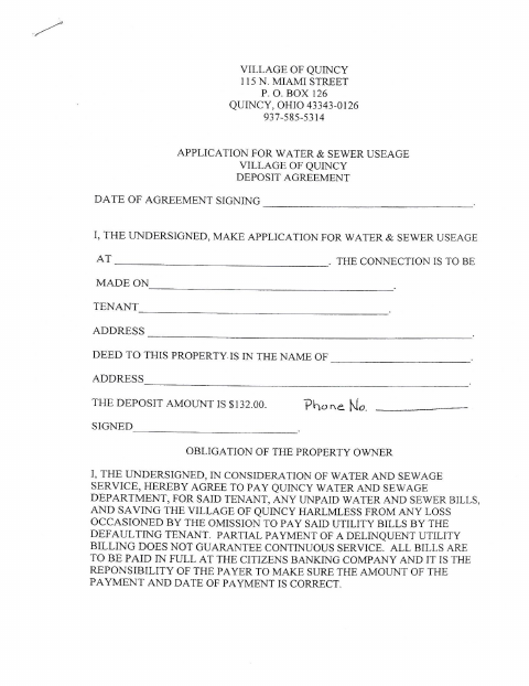 First page of the Water and Sewer Use Agreement