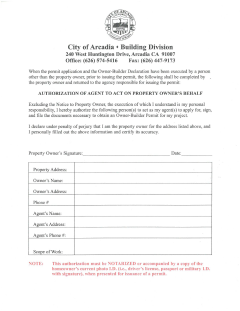 First page of the Authorization of Agent Form