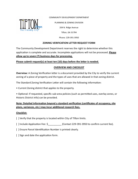 First page of the Zoning Verification Letter Request Form