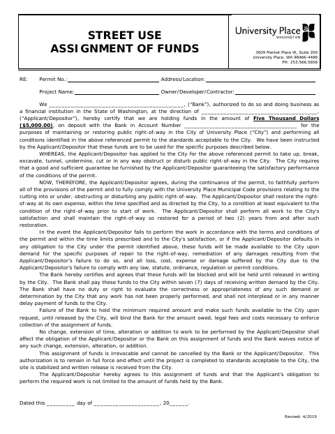 First page of the Street Use Assignment of Funds