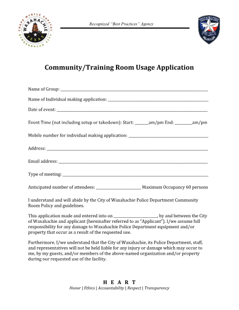 First page of the Community Room Usage Application