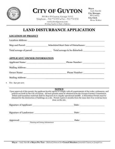First page of the Land Disturbance Application