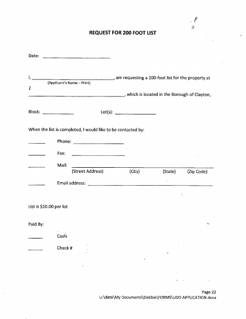 First page of the 200-Foot List Request