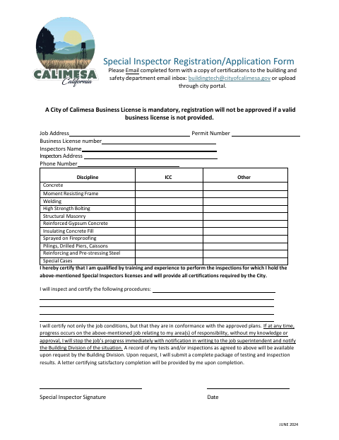First page of the Special Inspector Registration/Application Form