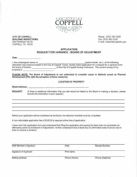 First page of the Request for Variance – Board of Adjustment