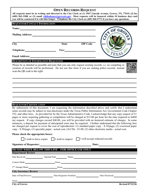 First page of the Open Records Request