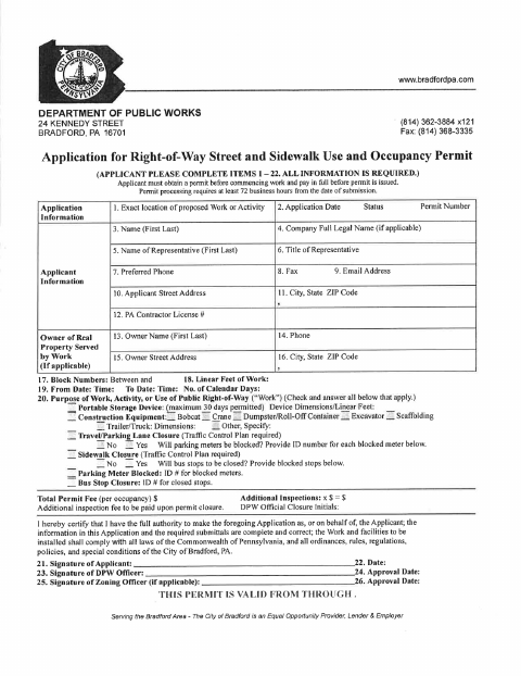 First page of the Right-of-Way Street and Sidewalk Use and Occupancy Permit Application