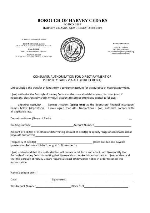 First page of the Consumer Authorization for Direct Payment of Property Taxes via ACH