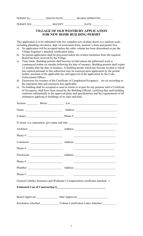 First page of the New Home Building Permit Application