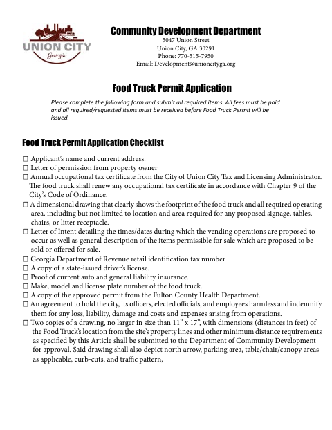 First page of the Food Truck Permit Application