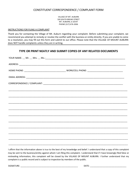 First page of the Constituent Correspondence / Complaint Form