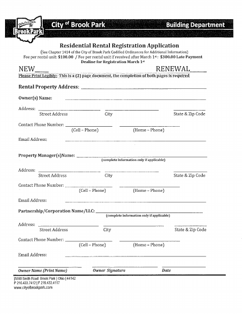 First page of the Residential Rental Registration Application